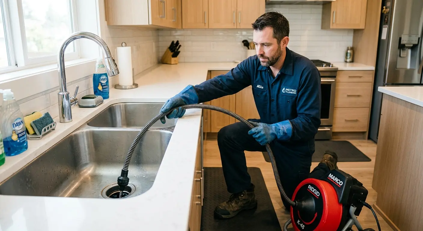 Drain cleaning technician using a motorized snake on a kitchen sink in Sudden Valley