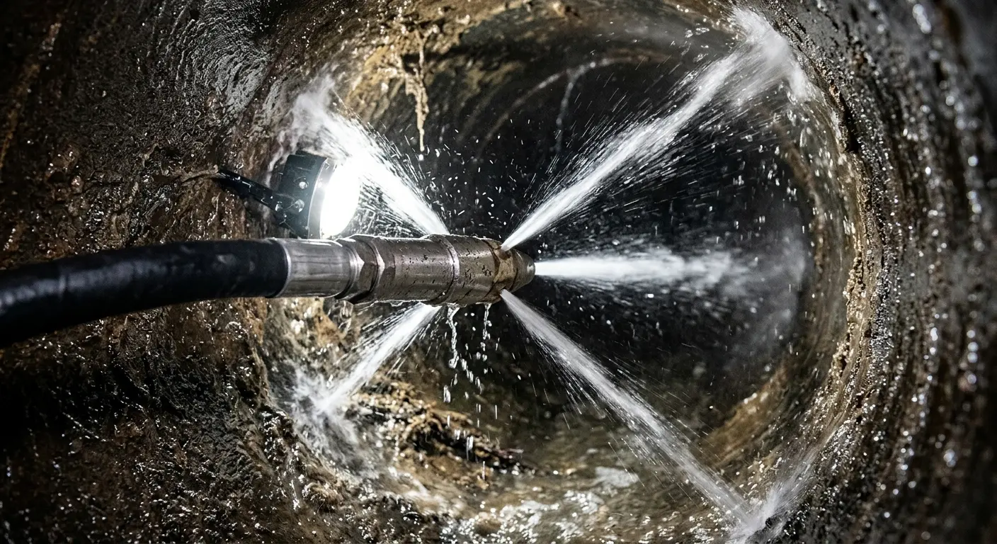 High-pressure hydro jetting nozzle cleaning sewer pipe for Storm Drain Cleaning in Sudden Valley