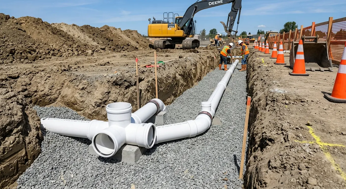 New PVC sewer pipe installation in open trench for Sewer Backup in Sudden Valley