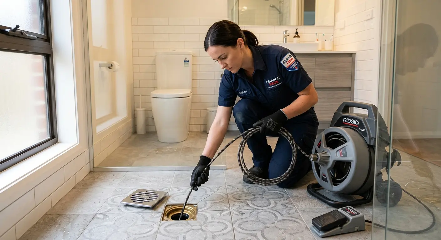 Technician clearing a bathroom floor drain for Drain Cleaning in Sudden Valley